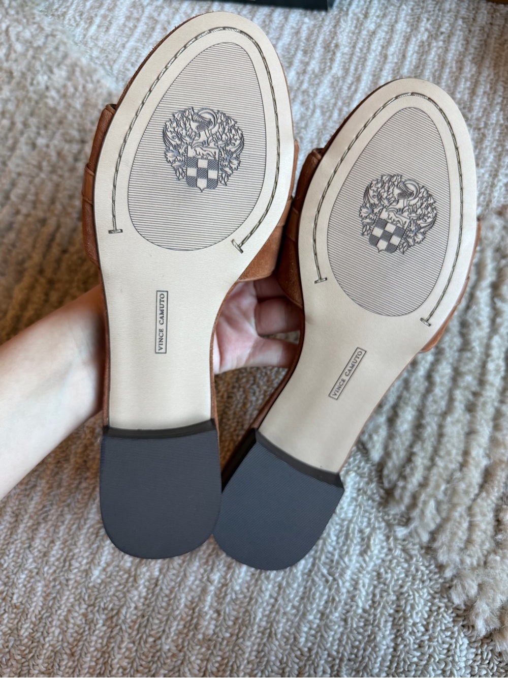 Vince Camuto Tan Suede Slide Mules with Gold Chain Accent - Picture 2 of 3